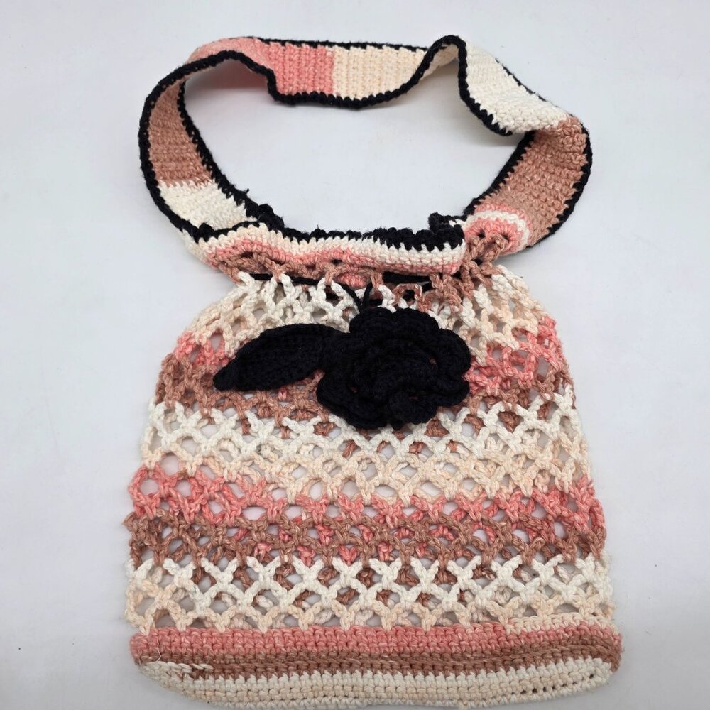 Handmade Crochet Boho Bag With Black Flower & Colorful Strap